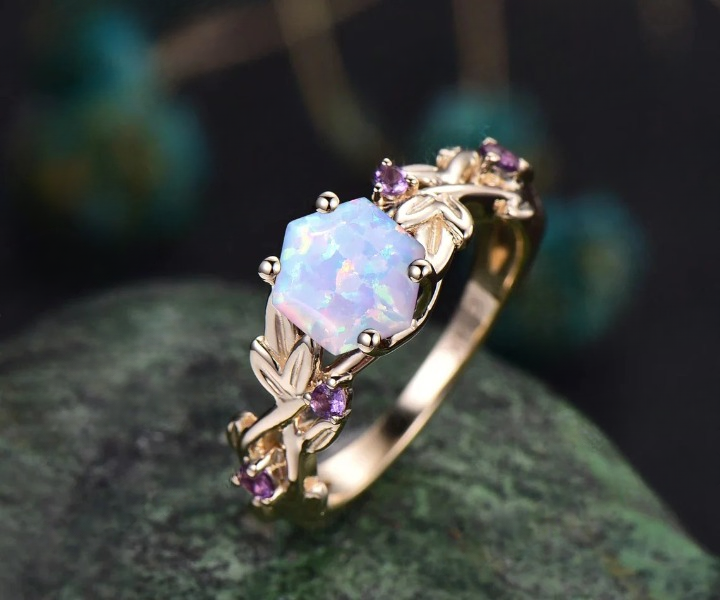 Twig Opal Ring Vintage Hexagon Cut White Opal Engagement Ring Gold Leaf Amethyst Ring Women October Birthstone Ring