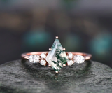 2.0ct Vintage Marquise Kite Cut Green Moss Agate Engagement Ring Set