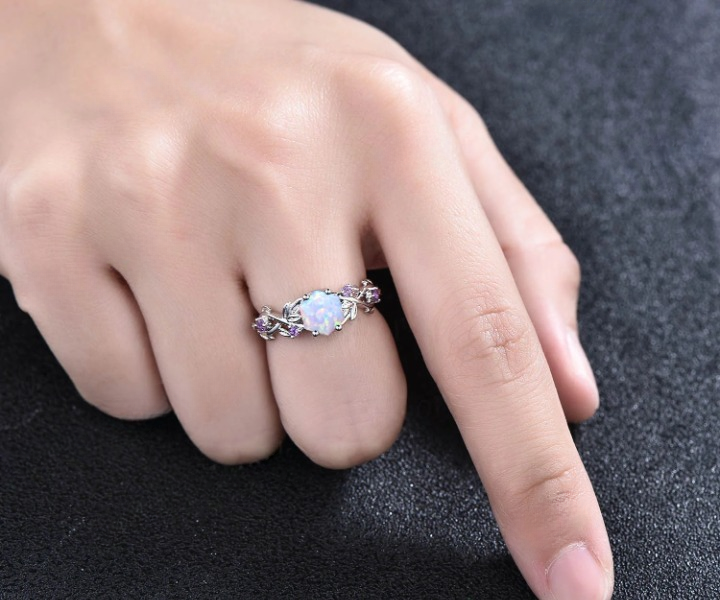 Twig Opal Ring Vintage Hexagon Cut White Opal Engagement Ring Gold Leaf Amethyst Ring Women October Birthstone Ring