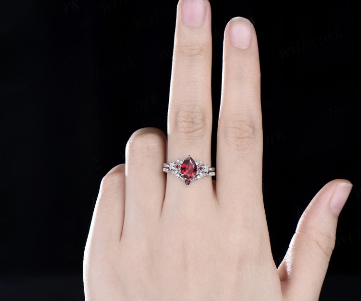 Vintage Pear Red Ruby Engagement Ring Twig Leaf Floral Antique Unique Cluster Diamond Bridal Wedding Ring Set