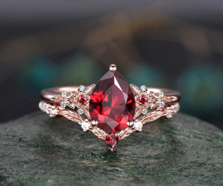 Vintage Pear Red Ruby Engagement Ring Twig Leaf Floral Antique Unique Cluster Diamond Bridal Wedding Ring Set