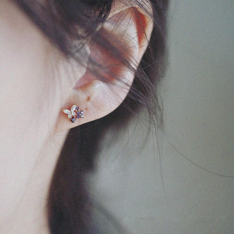 Butterfly & Pavé Flowers Stud Earrings